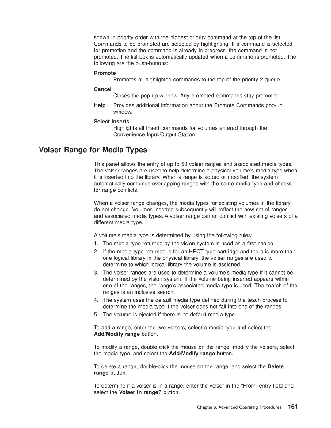 IBM Magstar 3494 manual Volser Range for Media Types, Promote, Select Inserts, Add/Modify range button 