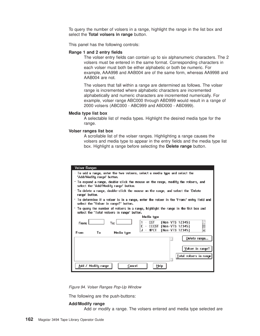 IBM Magstar 3494 manual Range 1 and 2 entry elds, Media type list box, Volser ranges list box, Add/Modify range 