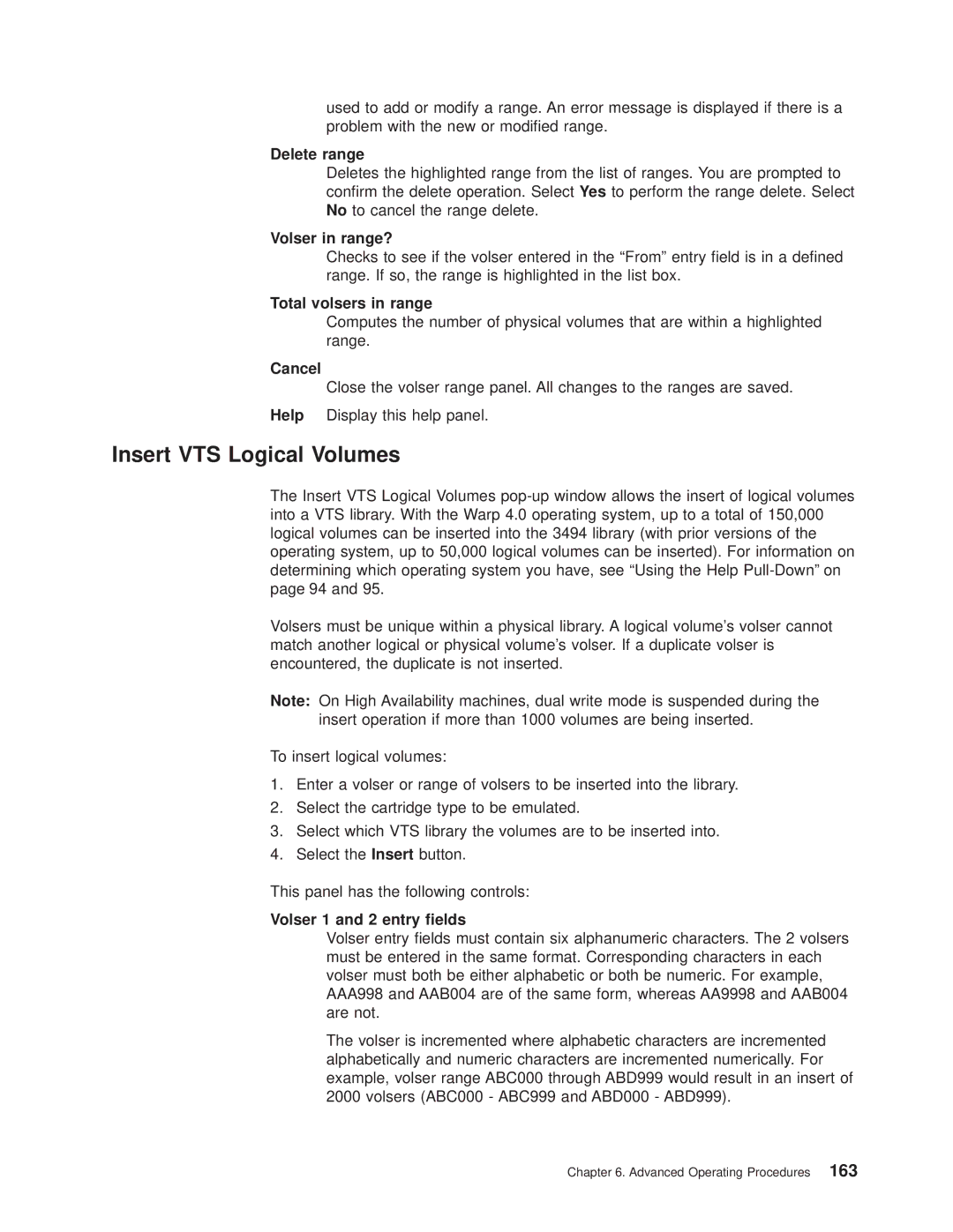 IBM Magstar 3494 manual Insert VTS Logical Volumes, Delete range, Volser in range?, Total volsers in range 