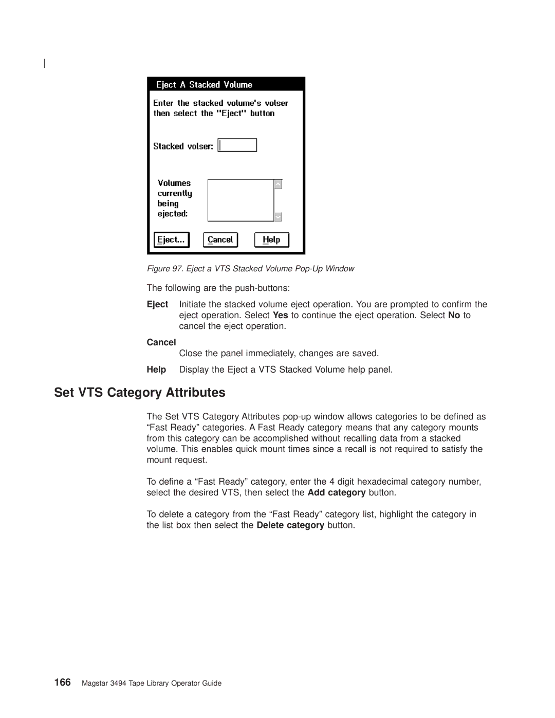 IBM Magstar 3494 manual Set VTS Category Attributes, Eject a VTS Stacked Volume Pop-Up Window 