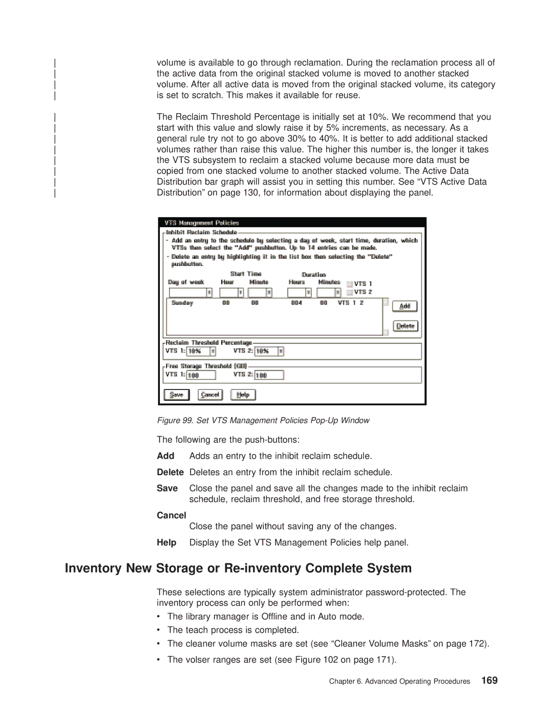 IBM Magstar 3494 manual Inventory New Storage or Re-inventory Complete System, Set VTS Management Policies Pop-Up Window 