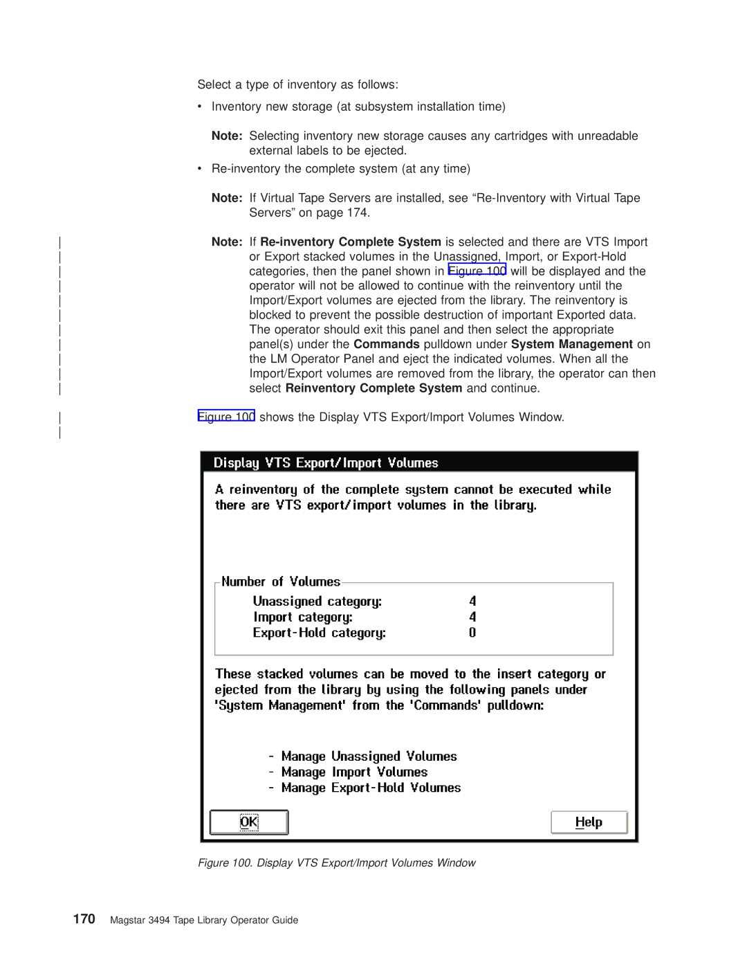 IBM Magstar 3494 manual Select Reinventory Complete System and continue, Shows the Display VTS Export/Import Volumes Window 