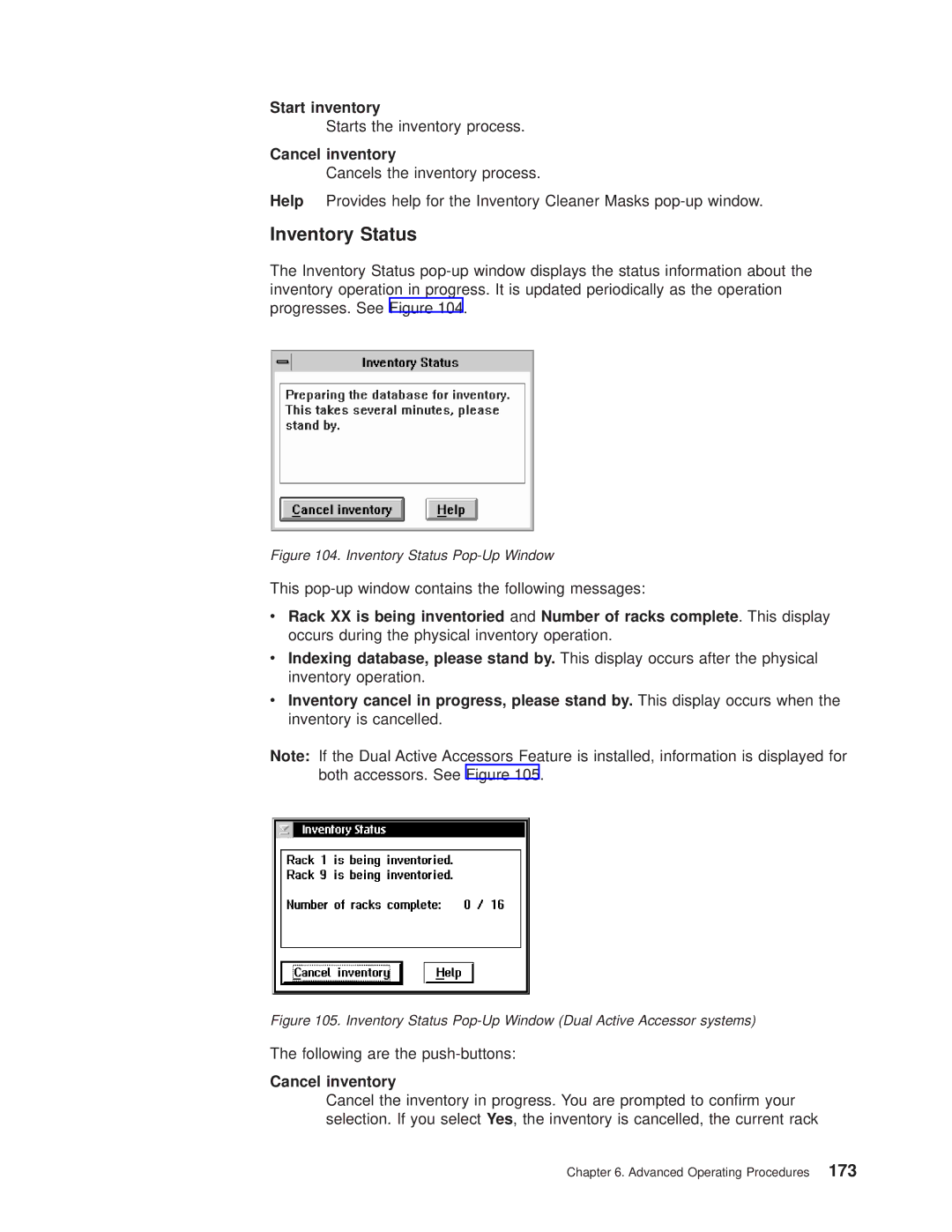 IBM Magstar 3494 manual Inventory Status, Start inventory, Cancel inventory 