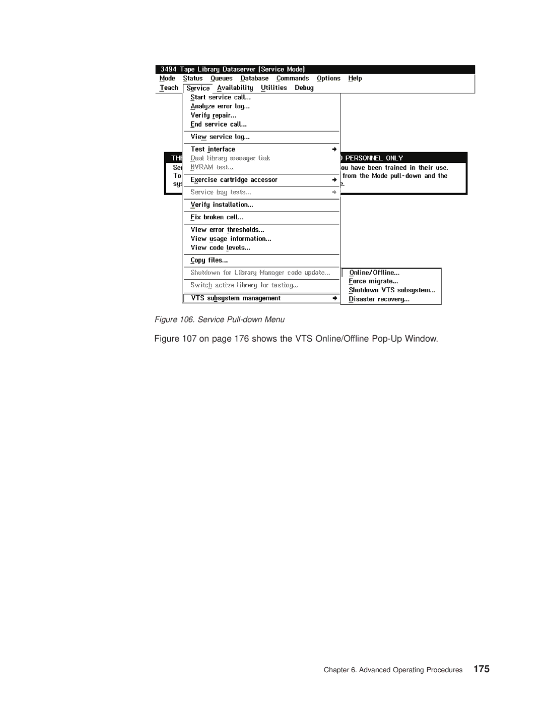 IBM Magstar 3494 manual On page 176 shows the VTS Online/Offline Pop-Up Window 