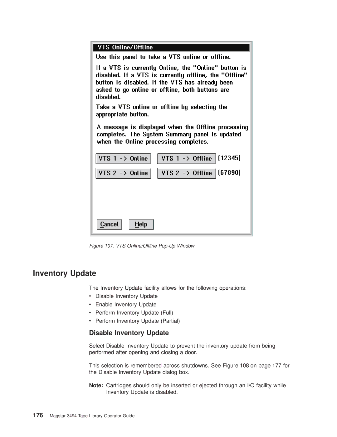 IBM Magstar 3494 manual Disable Inventory Update, VTS Online/Offline Pop-Up Window 