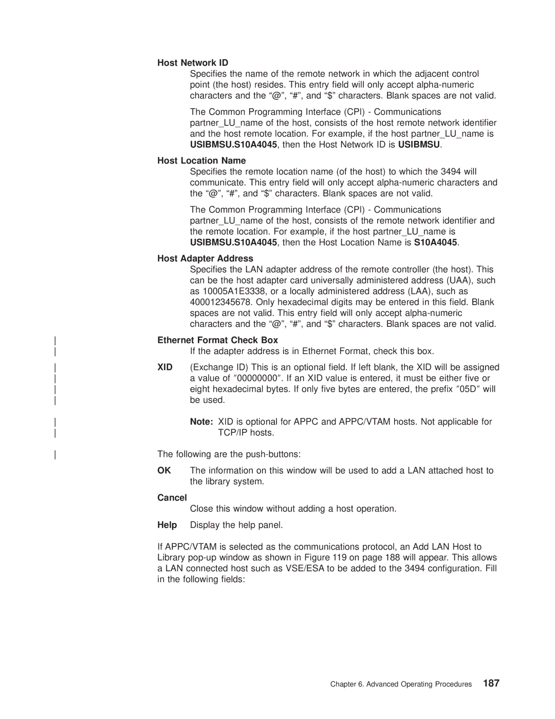 IBM Magstar 3494 manual Host Network ID, Host Location Name, Host Adapter Address, Ethernet Format Check Box 