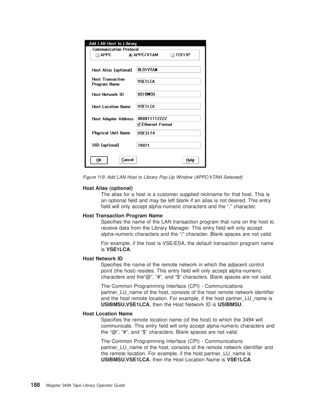 IBM Magstar 3494 manual Host Alias optional, Add LAN Host to Library Pop-Up Window APPC/VTAM Selected 