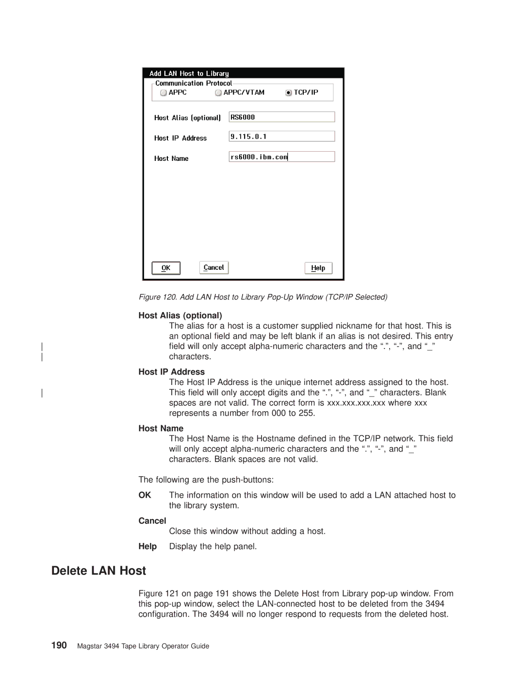 IBM Magstar 3494 manual Delete LAN Host, Host IP Address 