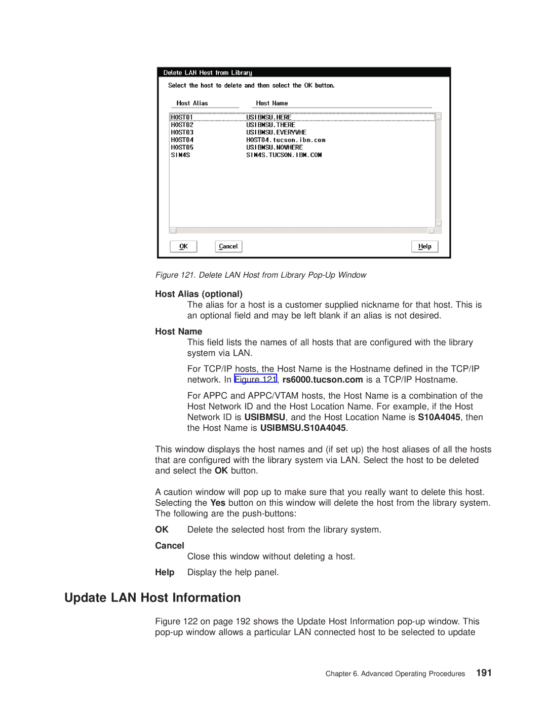 IBM Magstar 3494 manual Update LAN Host Information, Delete LAN Host from Library Pop-Up Window 