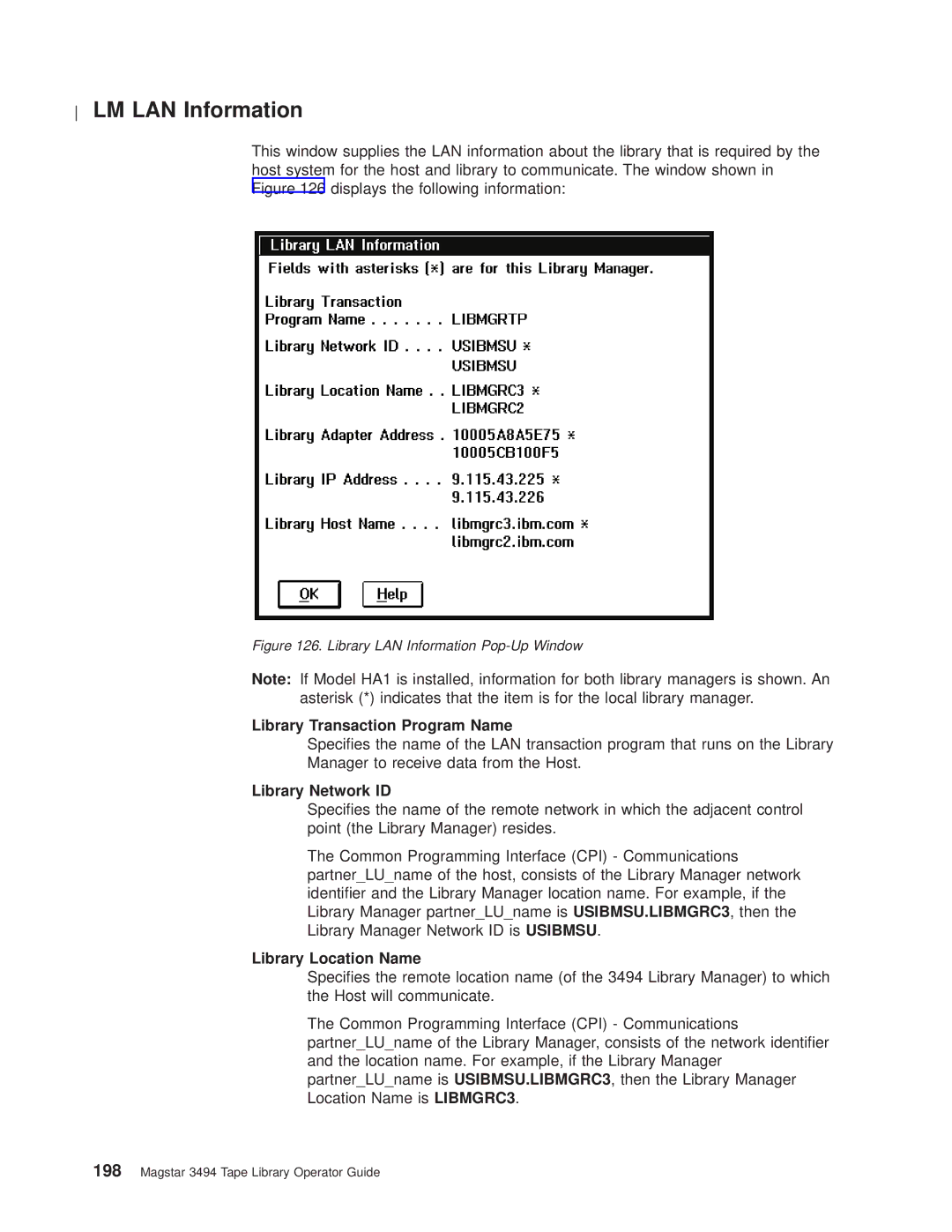 IBM Magstar 3494 manual LM LAN Information, Library Transaction Program Name, Library Network ID, Library Location Name 