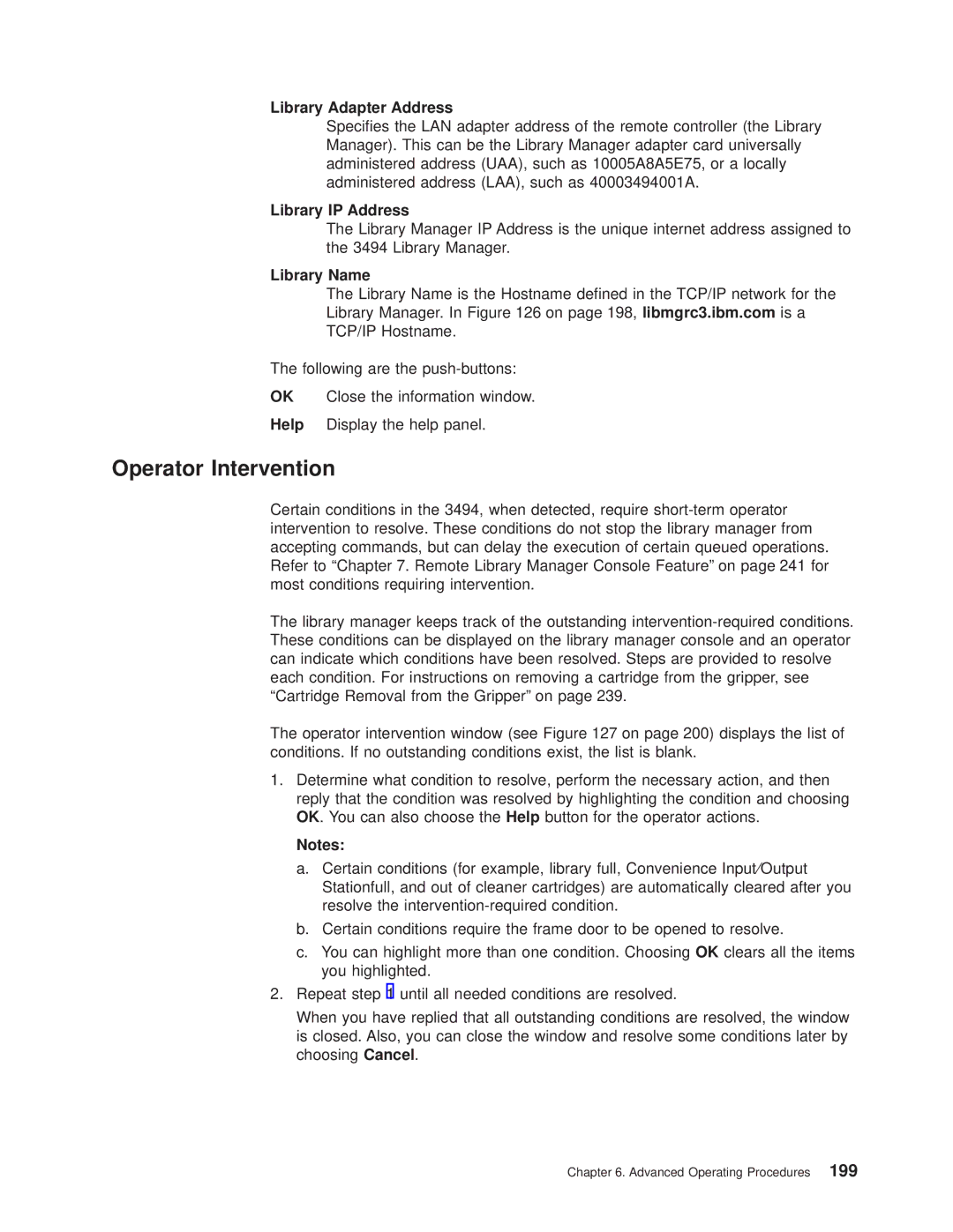 IBM Magstar 3494 manual Operator Intervention, Library Adapter Address, Library IP Address, Library Name 