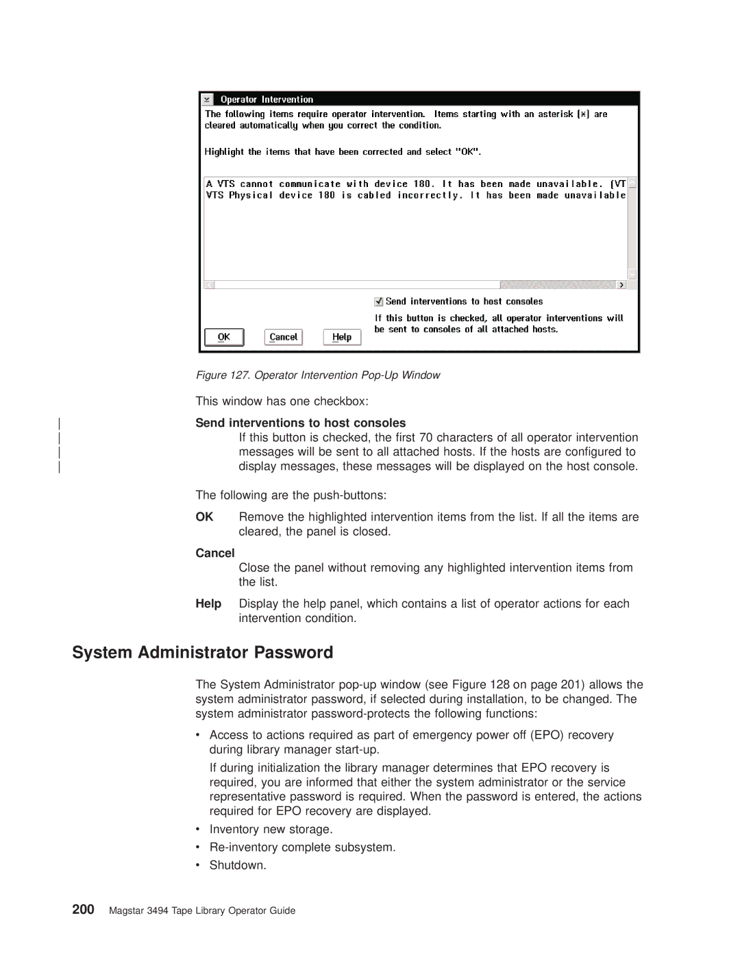 IBM Magstar 3494 manual System Administrator Password, Send interventions to host consoles 