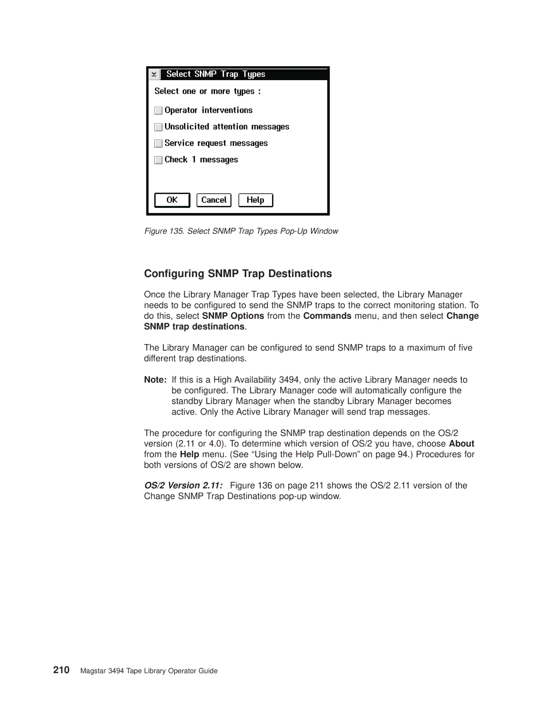 IBM Magstar 3494 manual Conguring Snmp Trap Destinations, Select Snmp Trap Types Pop-Up Window 