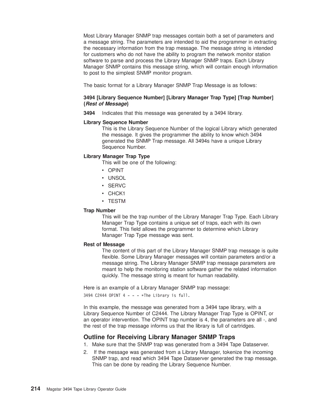 IBM Magstar 3494 Outline for Receiving Library Manager Snmp Traps, Library Manager Trap Type, Trap Number, Rest of Message 