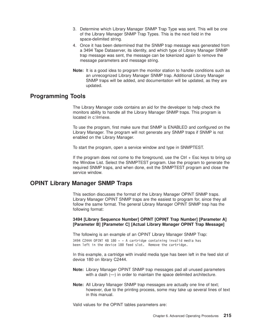 IBM Magstar 3494 manual Programming Tools, Opint Library Manager Snmp Traps 