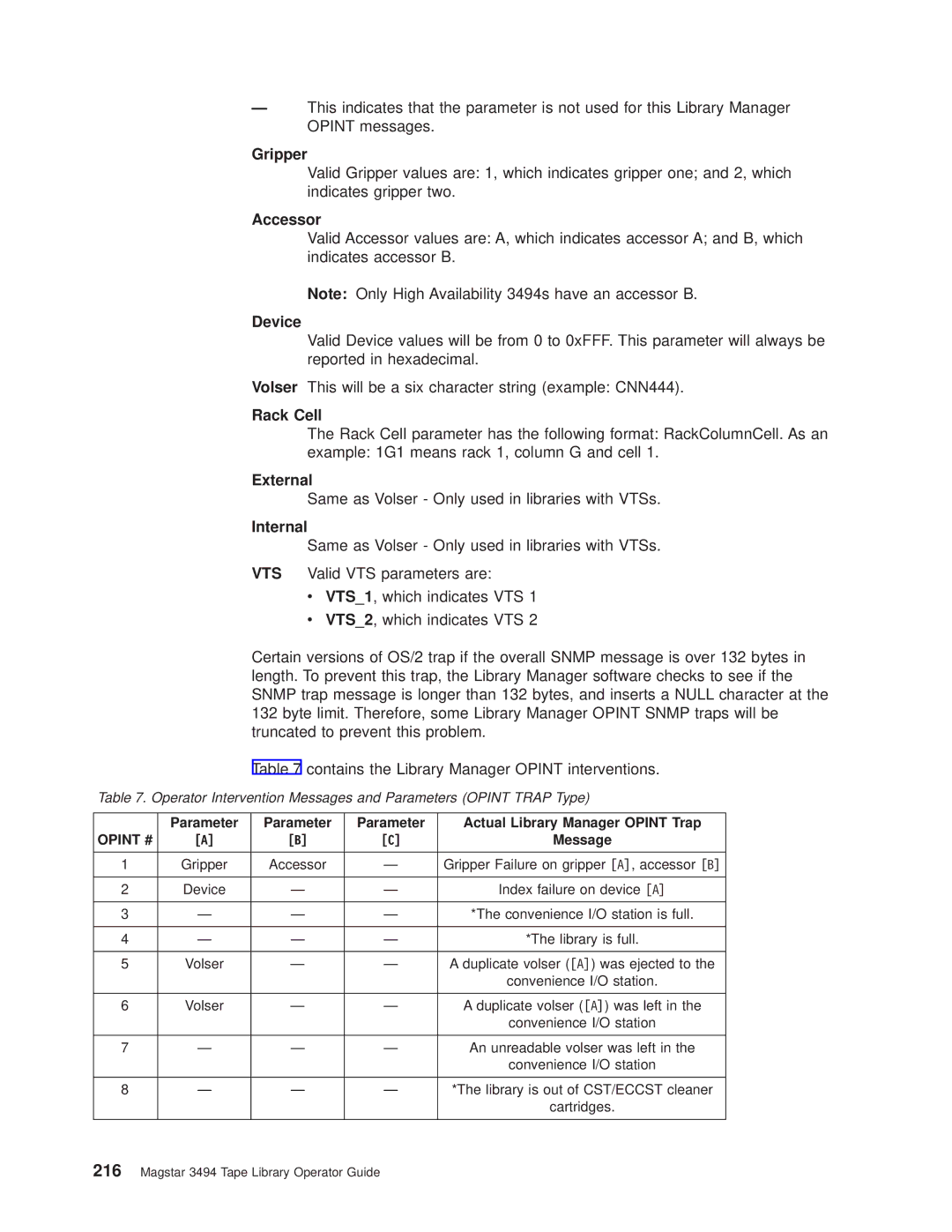 IBM Magstar 3494 manual Rack Cell, External, Internal, Parameter Actual Library Manager Opint Trap 