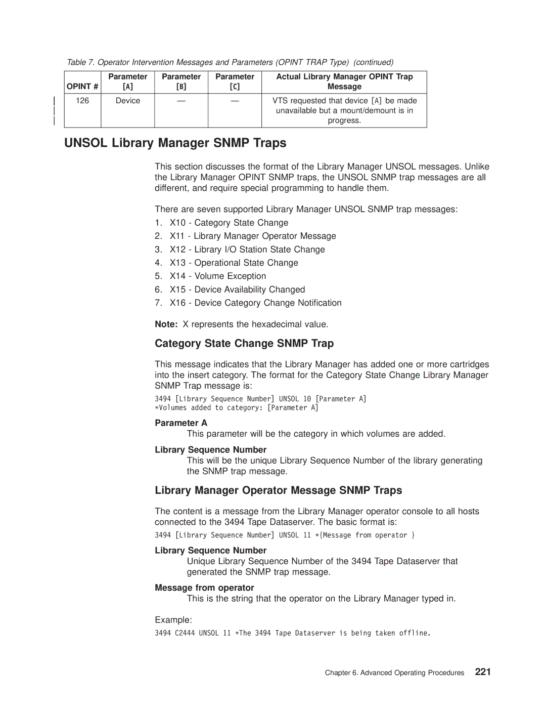 IBM Magstar 3494 Unsol Library Manager Snmp Traps, Category State Change Snmp Trap, Parameter a, Message from operator 