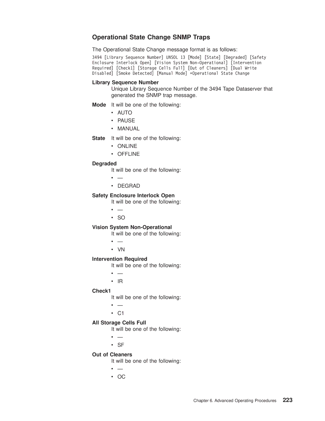 IBM Magstar 3494 manual Operational State Change Snmp Traps, Safety Enclosure Interlock Open, Check1, Out of Cleaners 