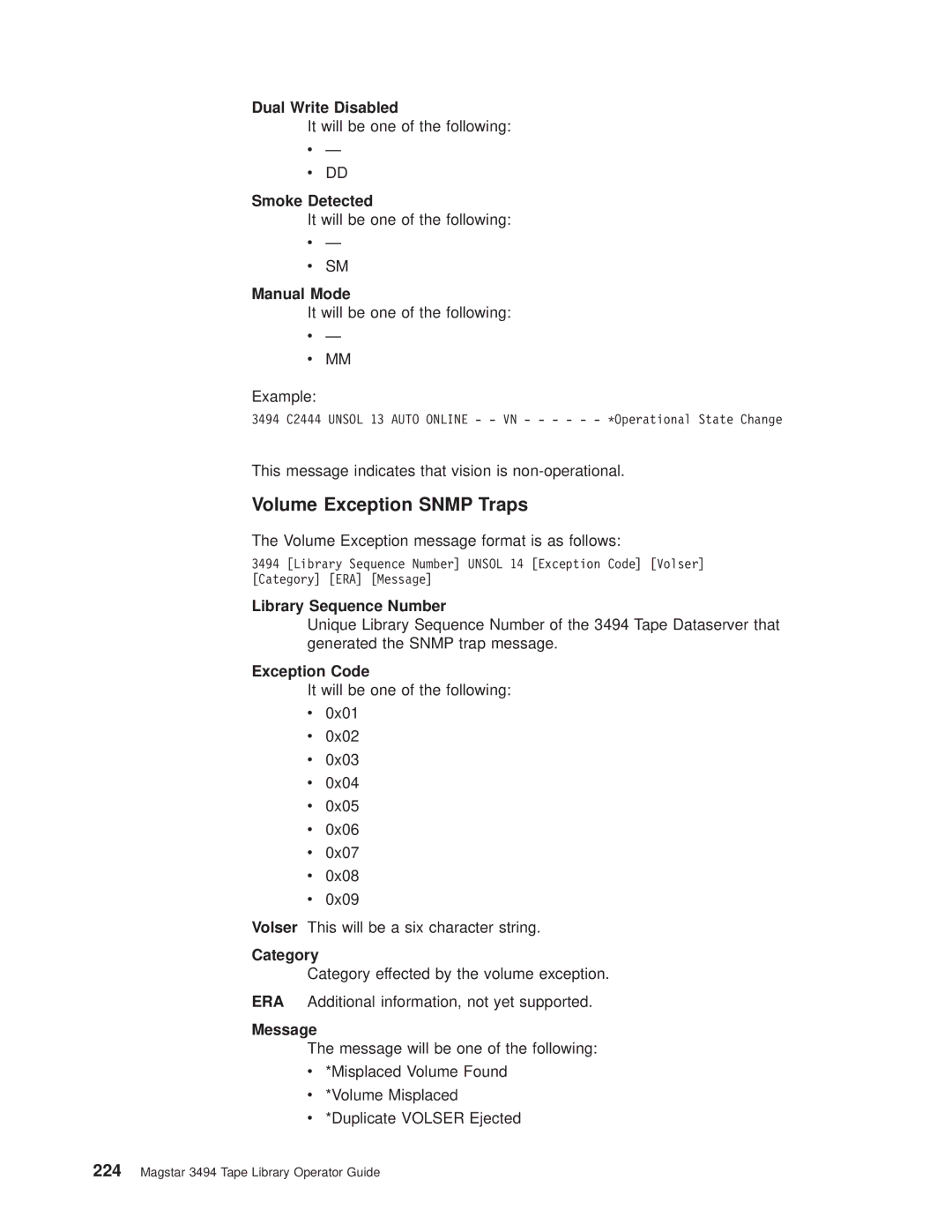 IBM Magstar 3494 manual Volume Exception Snmp Traps, Smoke Detected, Exception Code, Message 