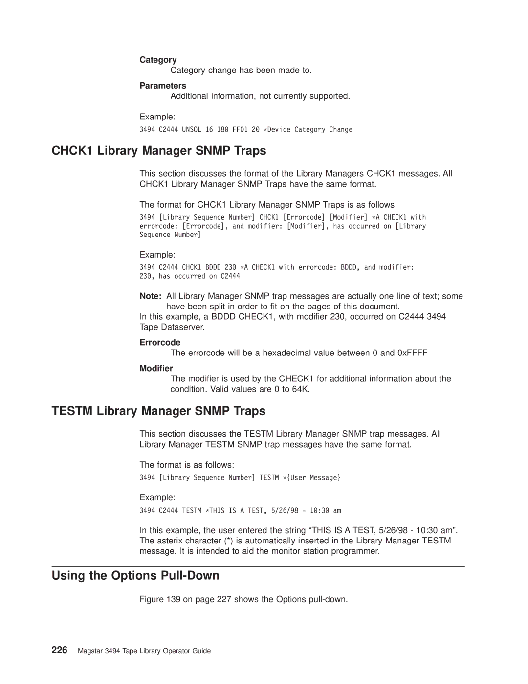 IBM Magstar 3494 manual CHCK1 Library Manager Snmp Traps, Testm Library Manager Snmp Traps, Using the Options Pull-Down 