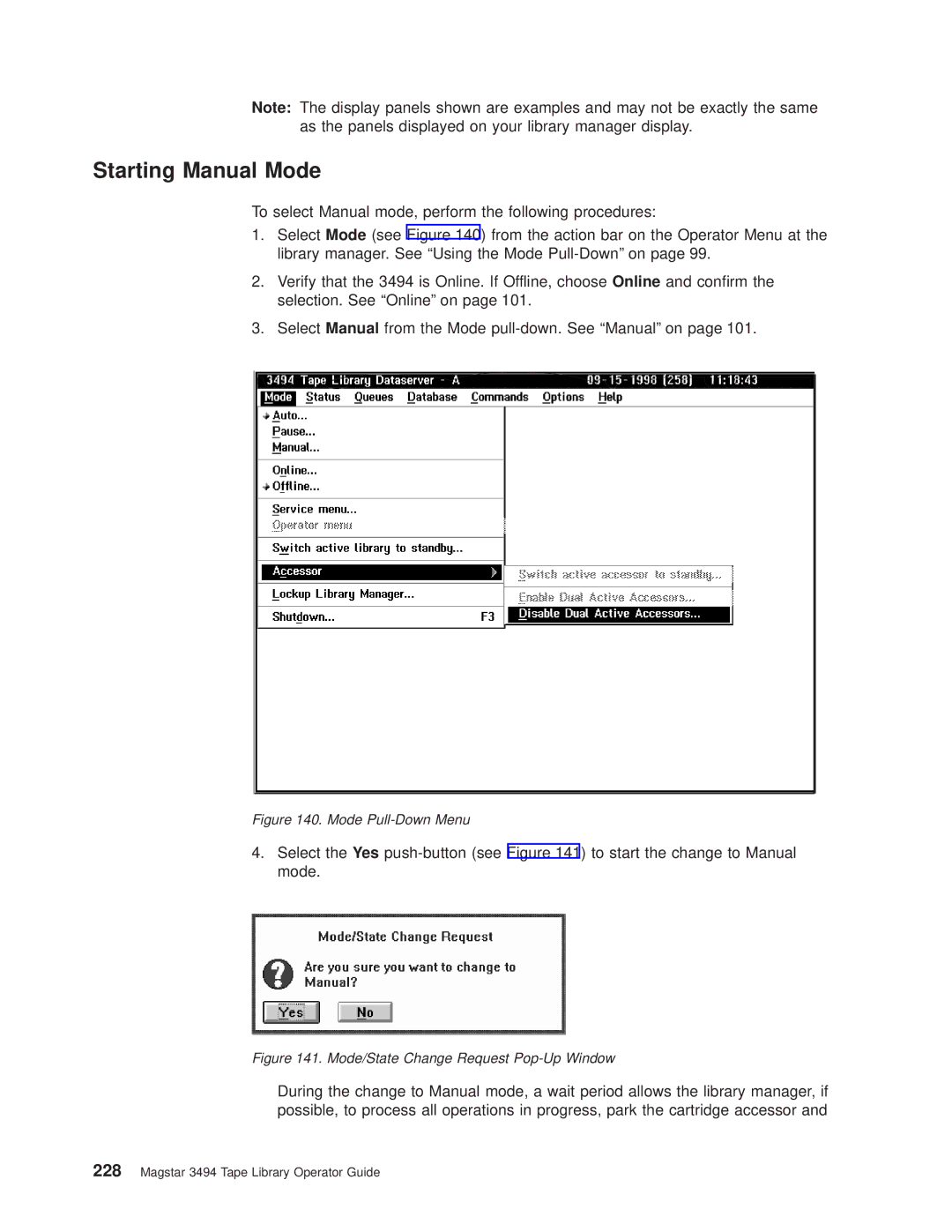 IBM Magstar 3494 manual Starting Manual Mode, Mode Pull-Down Menu 