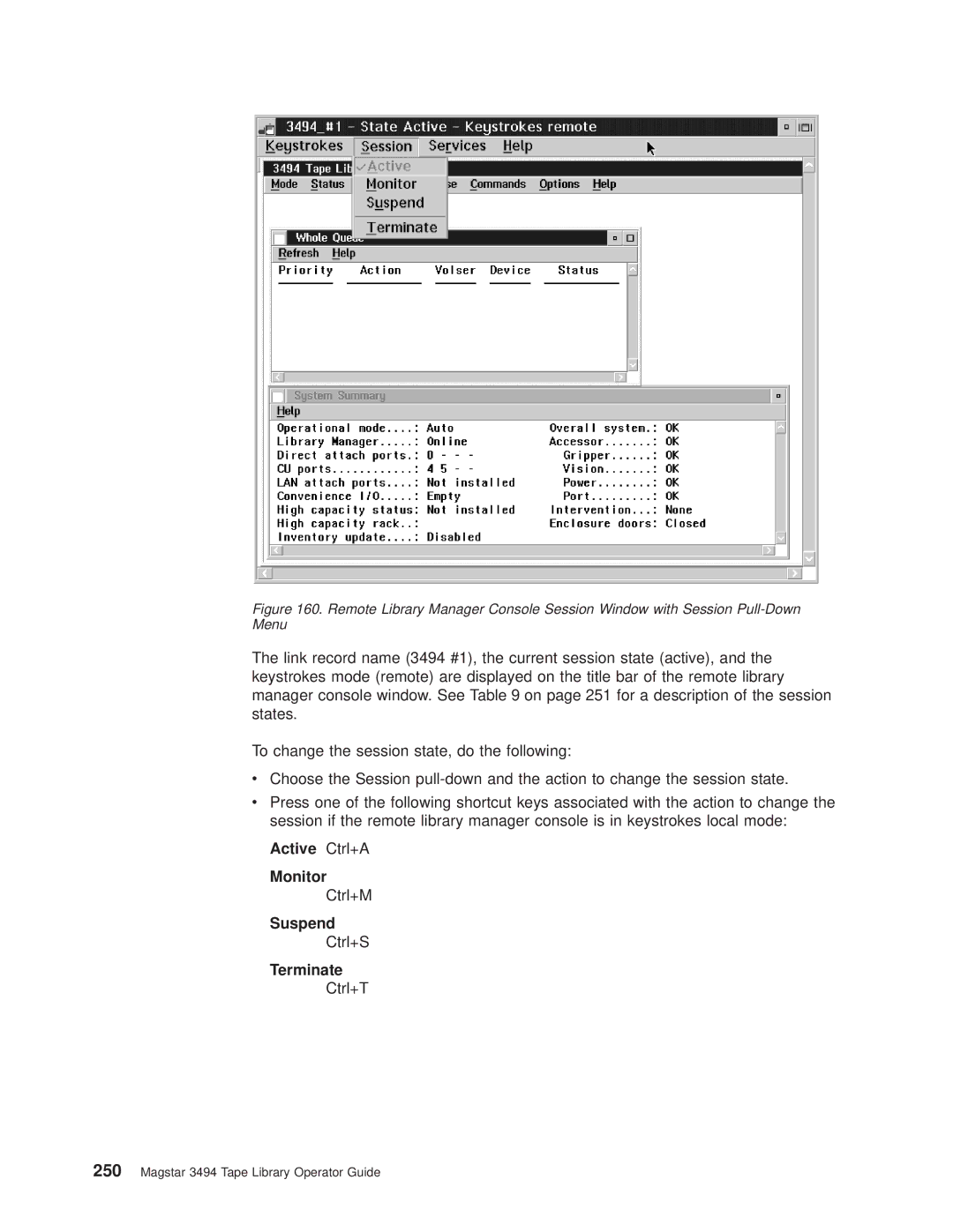 IBM Magstar 3494 manual Active Ctrl+A Monitor Ctrl+M Suspend Ctrl+S Terminate Ctrl+T 