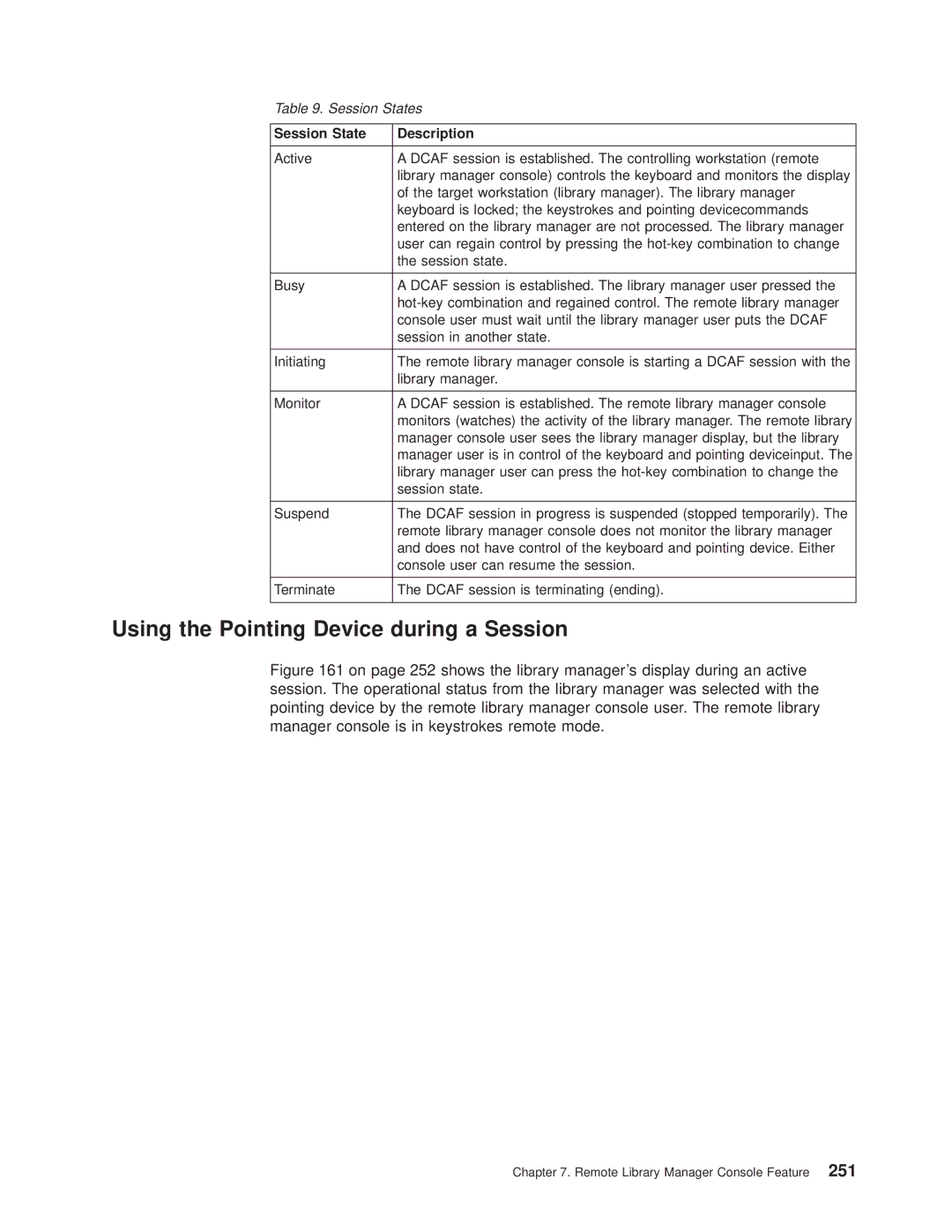 IBM Magstar 3494 manual Using the Pointing Device during a Session, Session State Description 