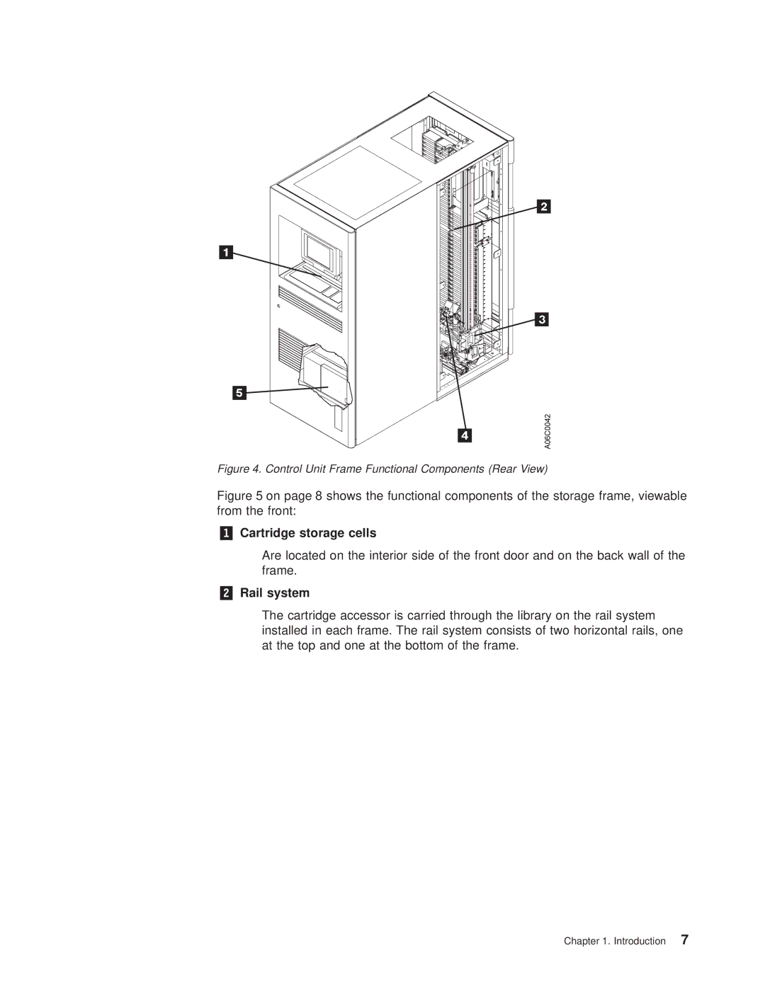 IBM Magstar 3494 manual „2… Rail system, Control Unit Frame Functional Components Rear View 