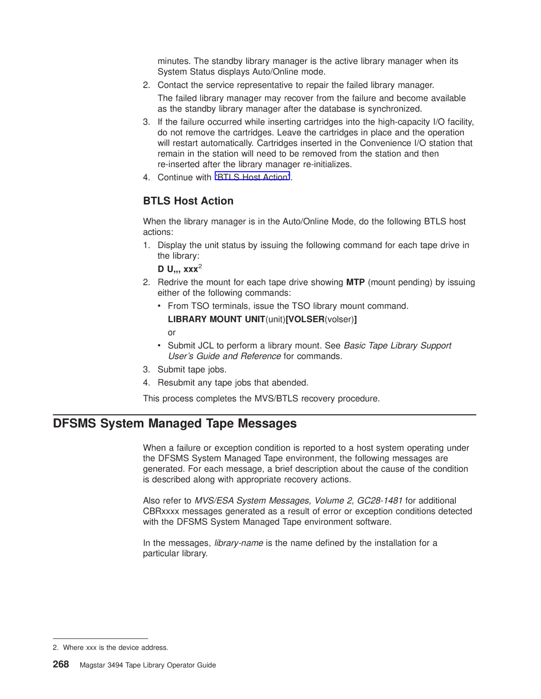 IBM Magstar 3494 manual Dfsms System Managed Tape Messages, Btls Host Action 