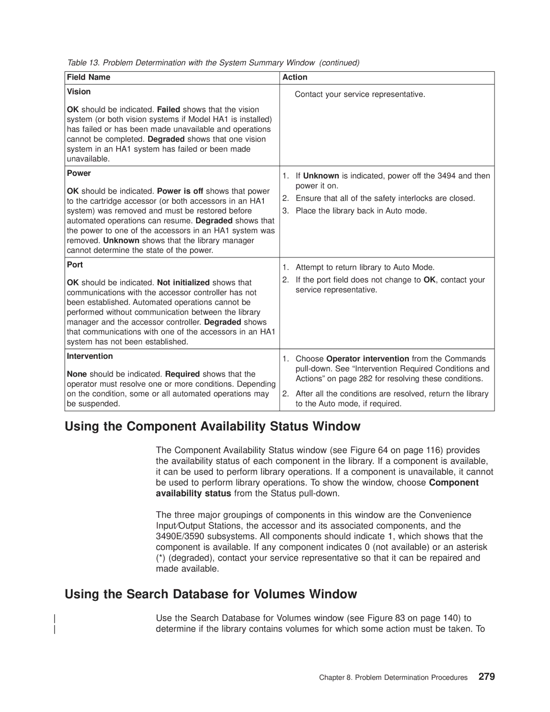 IBM Magstar 3494 manual Using the Component Availability Status Window, Using the Search Database for Volumes Window 