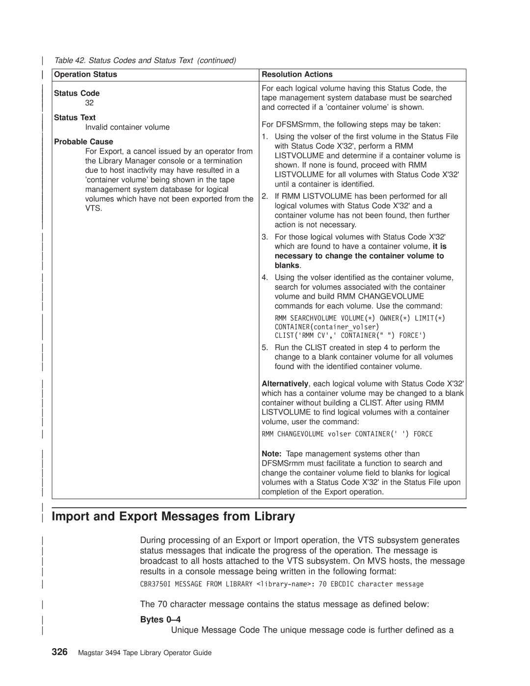 IBM Magstar 3494 Import and Export Messages from Library, Bytes 0±4, Necessary to change the container volume to Blanks 