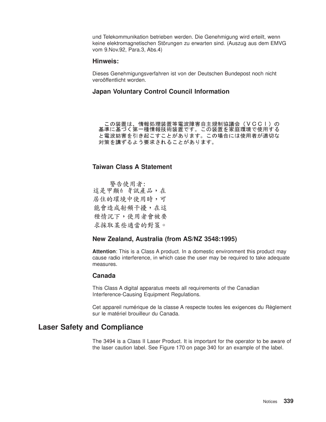 IBM Magstar 3494 manual Laser Safety and Compliance, Hinweis 