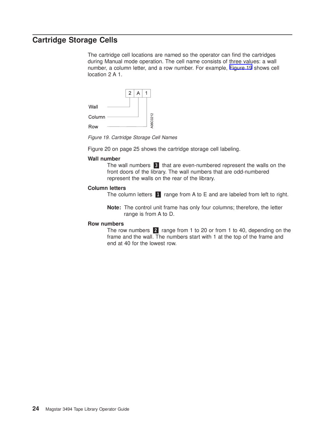 IBM Magstar 3494 manual Cartridge Storage Cells, Wall number, Column letters, Row numbers 