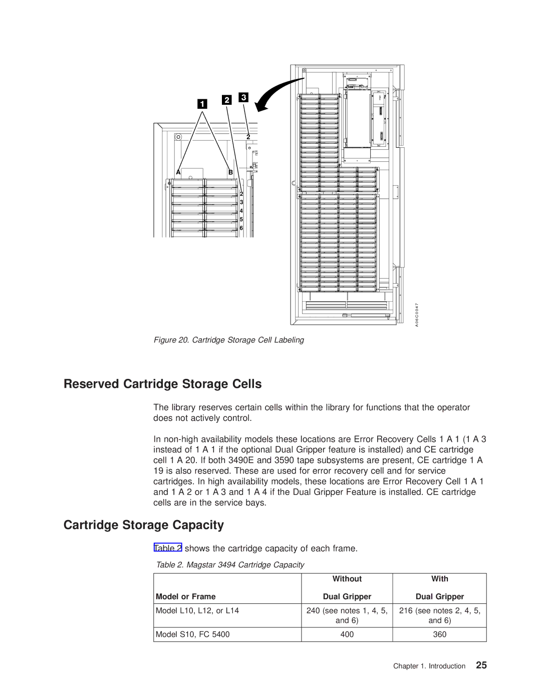 IBM Magstar 3494 manual Reserved Cartridge Storage Cells, Cartridge Storage Capacity, Without Model or Frame Dual Gripper 