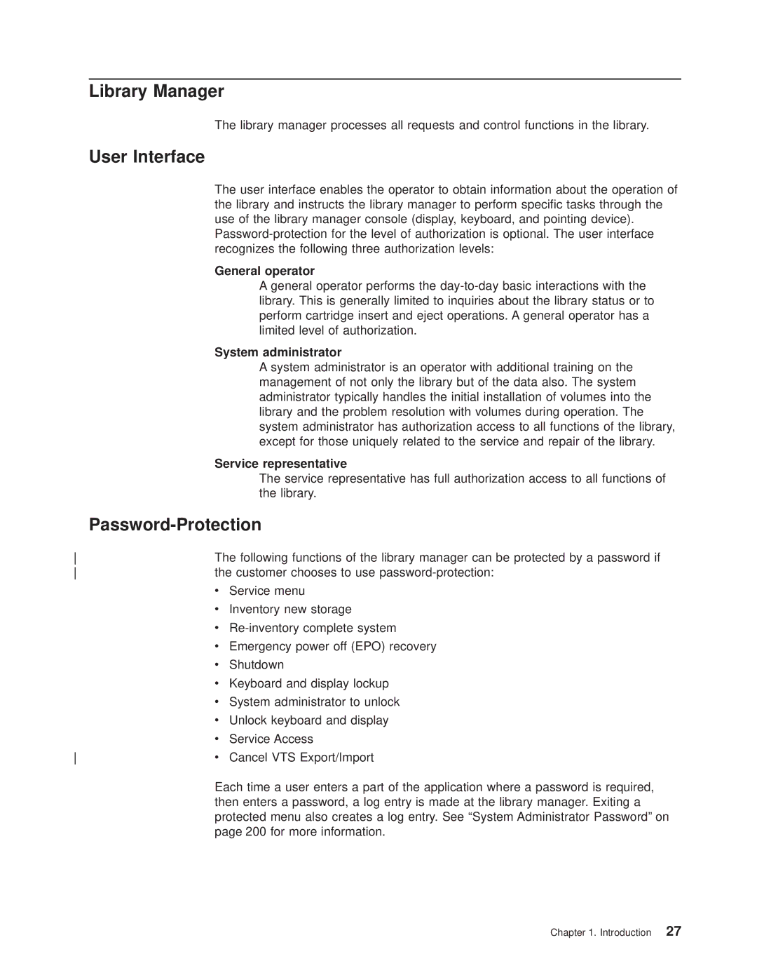 IBM Magstar 3494 manual Library Manager, User Interface, Password-Protection 