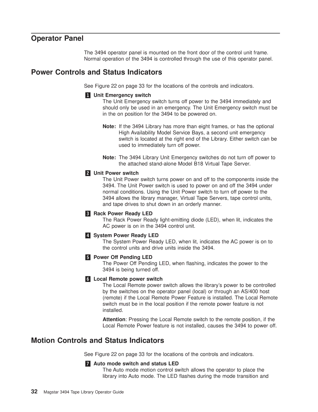 IBM Magstar 3494 manual Operator Panel, Power Controls and Status Indicators, Motion Controls and Status Indicators 