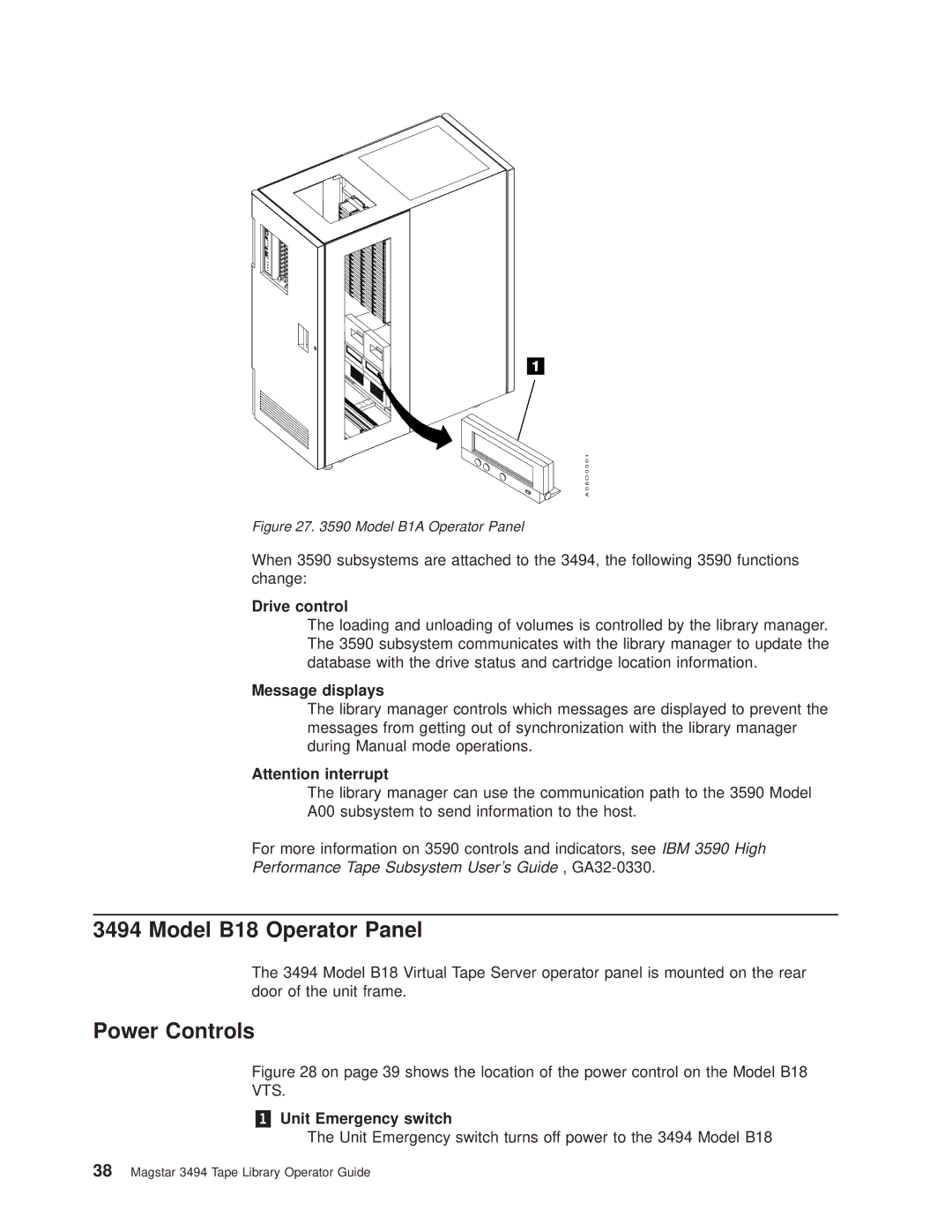 IBM Magstar 3494 manual Model B18 Operator Panel, Power Controls 