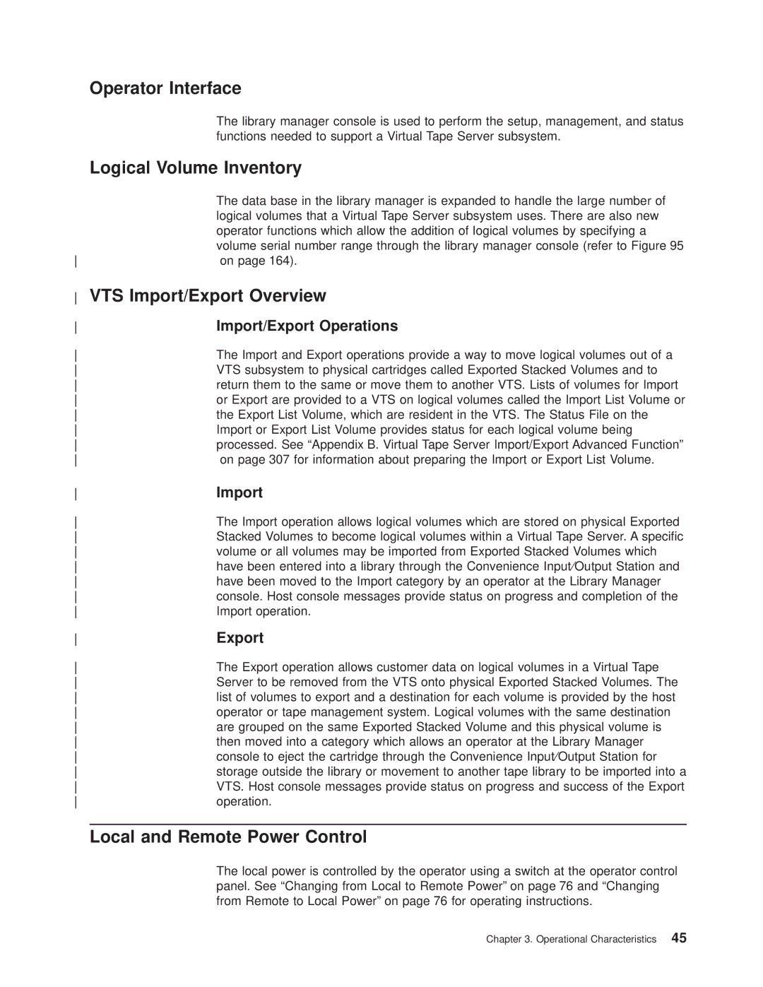 IBM Magstar 3494 Operator Interface, Logical Volume Inventory, VTS Import/Export Overview, Local and Remote Power Control 