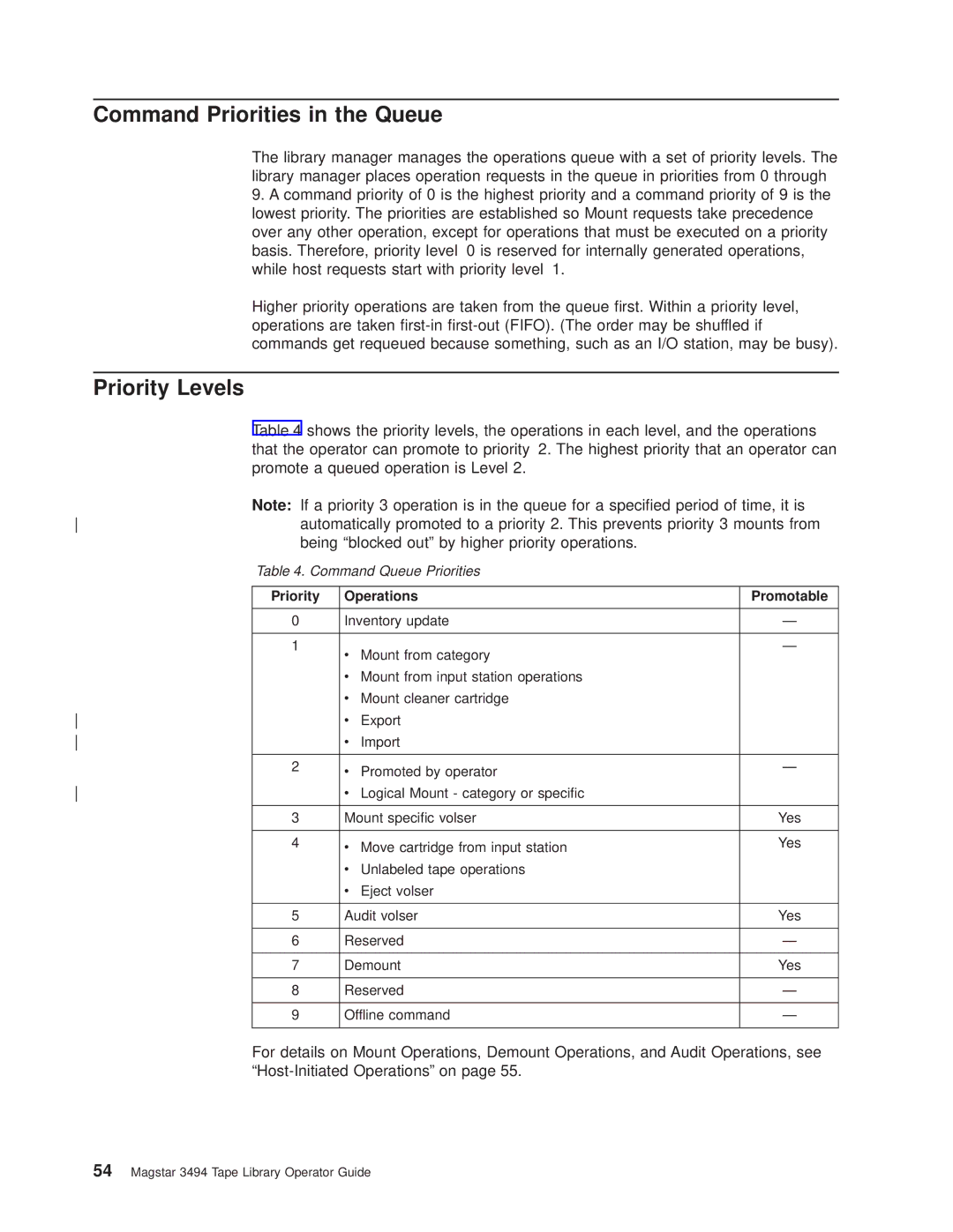 IBM Magstar 3494 manual Command Priorities in the Queue, Priority Levels, Priority Operations Promotable 