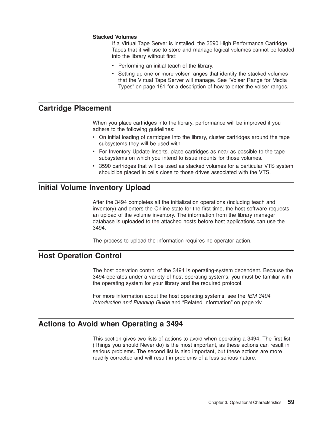 IBM Magstar 3494 manual Cartridge Placement, Initial Volume Inventory Upload, Host Operation Control, Stacked Volumes 