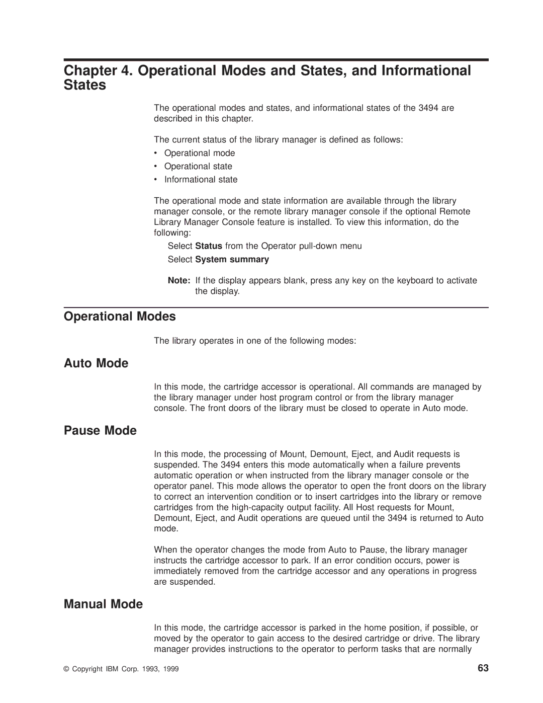 IBM Magstar 3494 manual Operational Modes, Auto Mode, Pause Mode, Manual Mode, Select System summary 