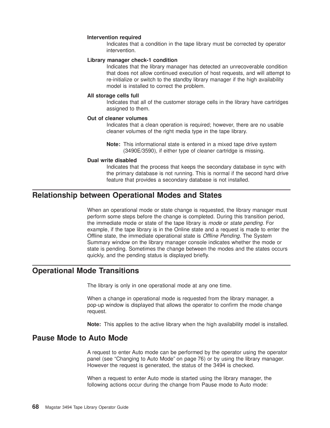 IBM Magstar 3494 Relationship between Operational Modes and States, Operational Mode Transitions, Pause Mode to Auto Mode 