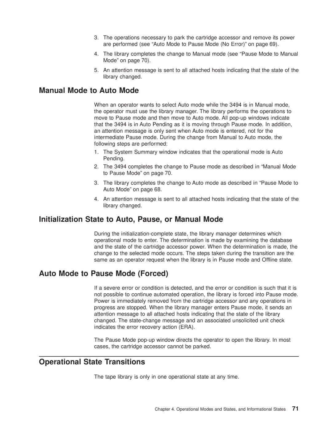 IBM Magstar 3494 manual Manual Mode to Auto Mode, Initialization State to Auto, Pause, or Manual Mode 