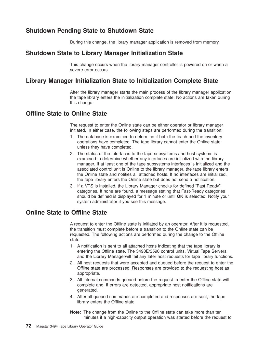 IBM Magstar 3494 manual Shutdown Pending State to Shutdown State, Shutdown State to Library Manager Initialization State 