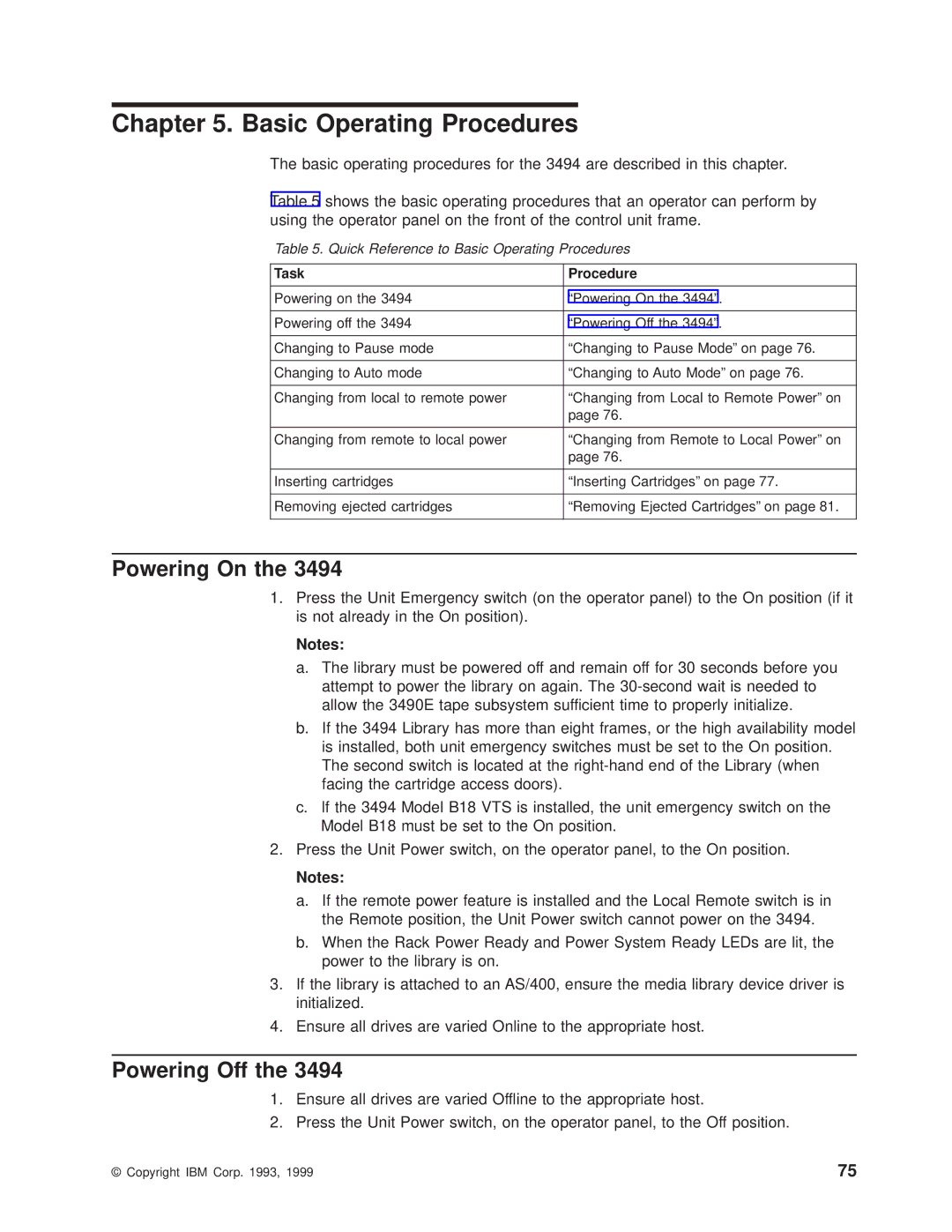 IBM Magstar 3494 manual Powering On, Powering Off, Task Procedure 