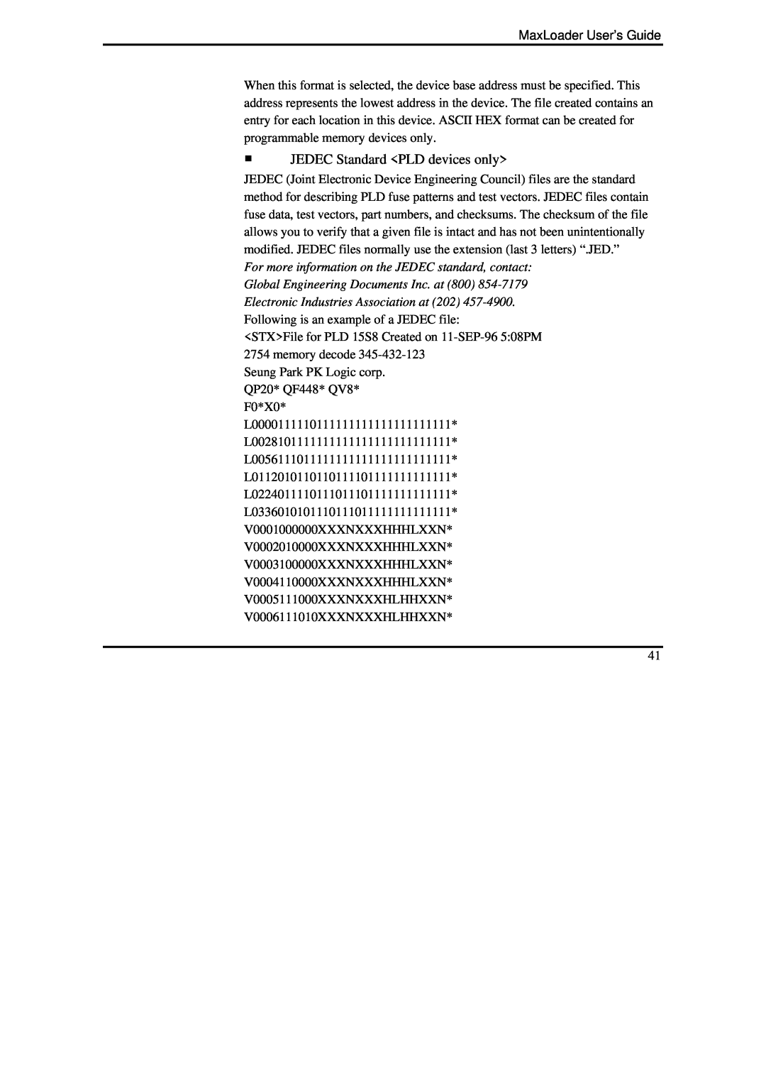 IBM MaxLoader manual ƒ JEDEC Standard PLD devices only, Global Engineering Documents Inc. at 800 