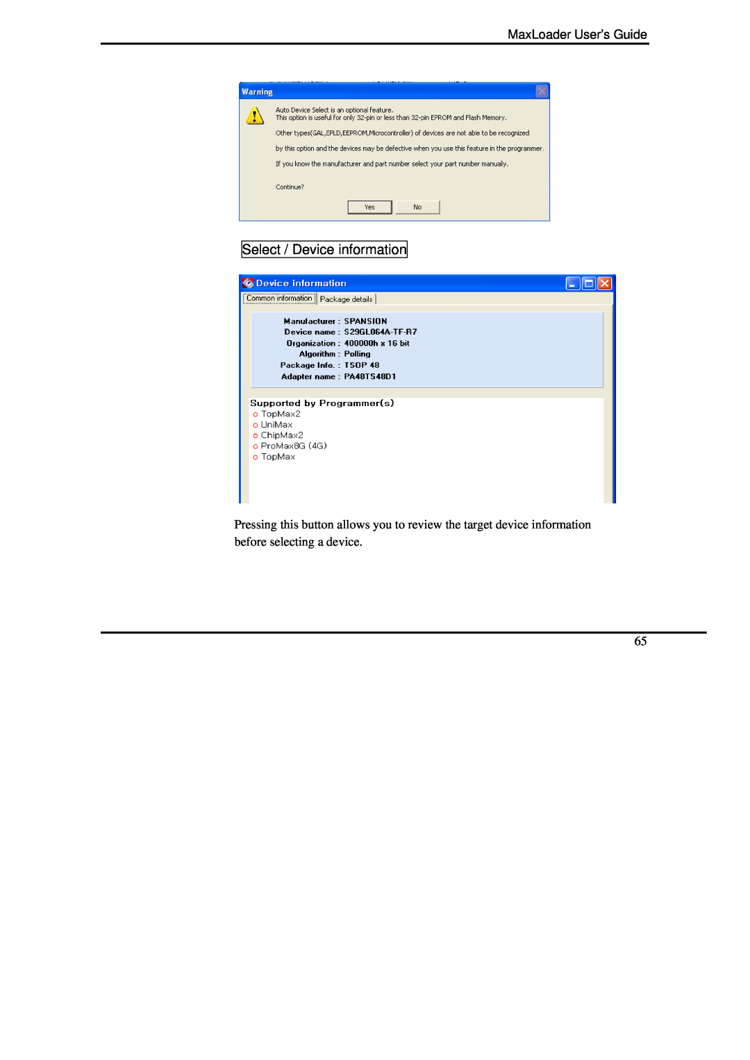 IBM manual Select / Device information, MaxLoader User’s Guide 