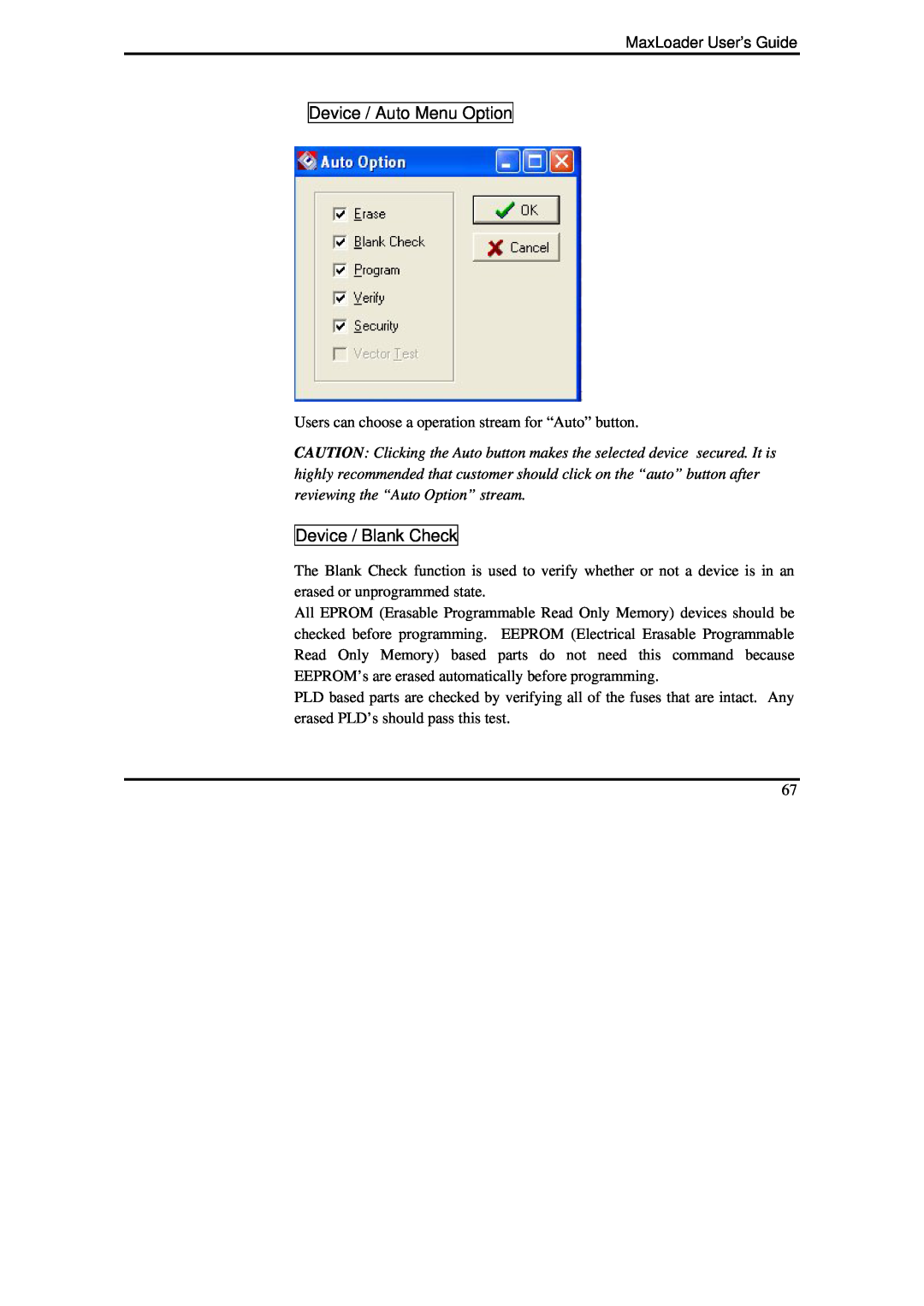 IBM MaxLoader manual Device / Auto Menu Option, Device / Blank Check 