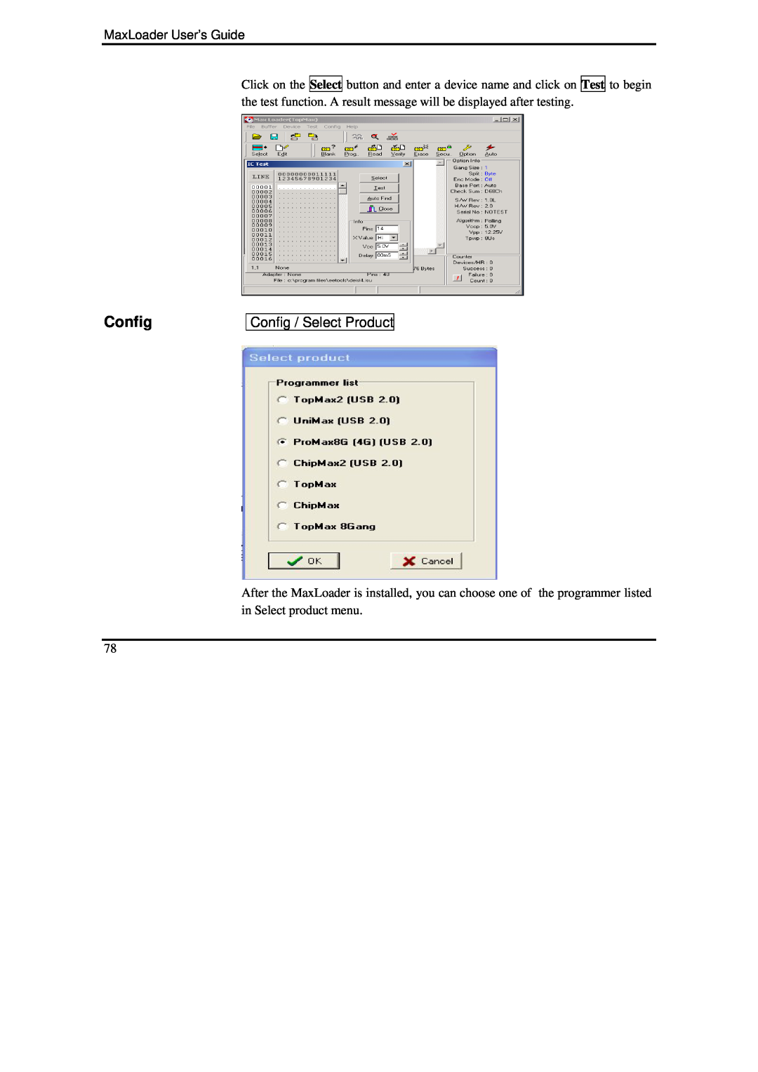IBM MaxLoader manual Config / Select Product, Test 
