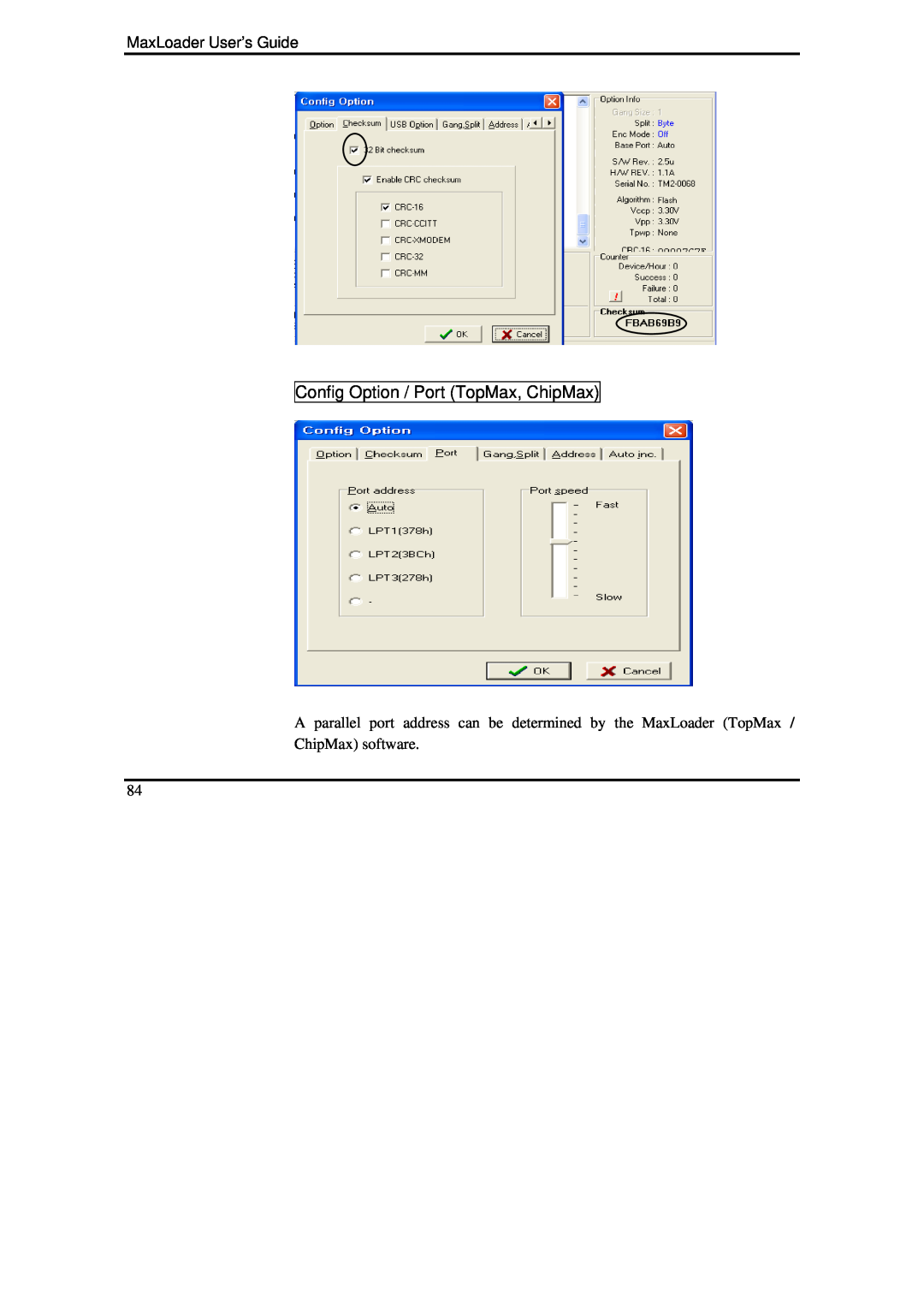 IBM manual Config Option / Port TopMax, ChipMax, MaxLoader User’s Guide, ChipMax software 